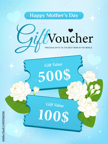 Happy Mother's day gift voucher vector illustration. Thai Jasmine flowers with coupon promotion