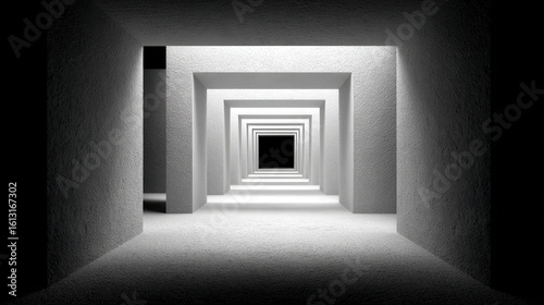Abstract 3d tunnel with shrinking white square frames on black background