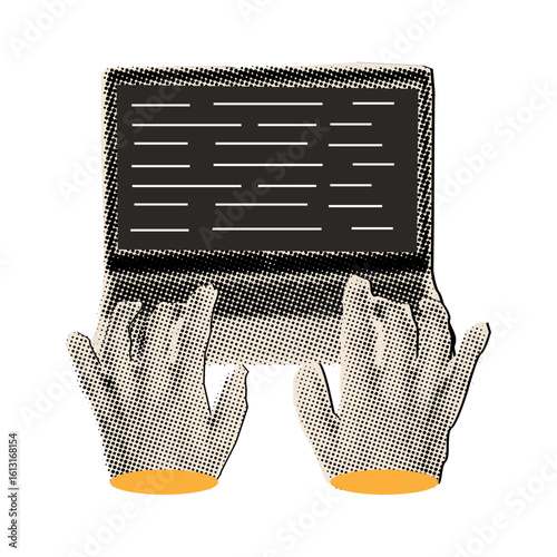 Human hands work on laptop computer with black screen in halftone style, modern trendy collage cut out from magazine