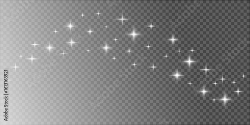 Realistic Isolated Silver Stars Light flare on Transparent Background. Silver Light from the sky. Christmas background. PNG picture. Vector illustration.