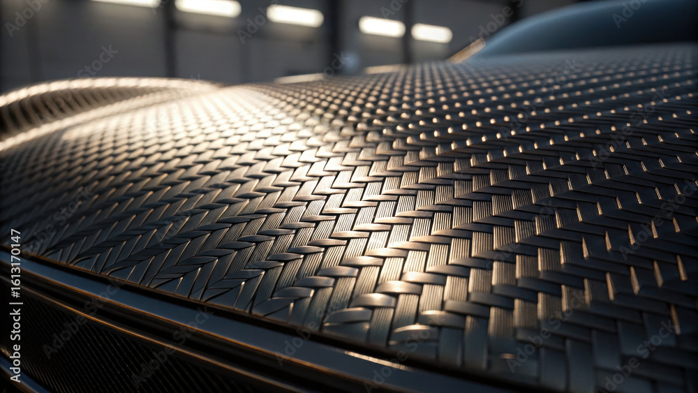 Fototapeta premium Close up view of textured surface featuring cross ply weave pattern, showcasing intricate details and light reflections that create striking visual effect. design emphasizes craftsmanship