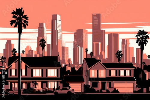 Residential area illustration, city skyline background, simple style vector art