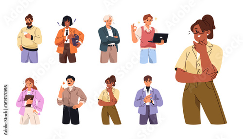 Set of happy business people. Joyful businessmen with approval hand gestures: thumbs up, OK. Employees smile, office workers rejoice at success, winning. Flat isolated vector illustrations on white