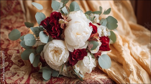 A luxurious combination of white peonies, deep red roses, and pale green eucalyptus, a warm golden fabric with intricate textures