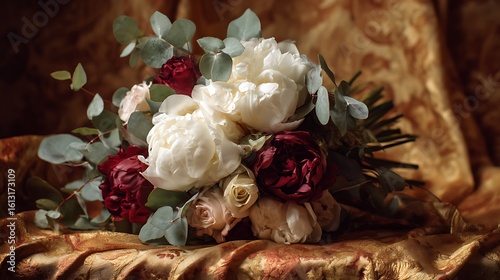 A luxurious combination of white peonies, deep red roses, and pale green eucalyptus, a warm golden fabric with intricate textures