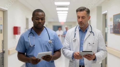 Two doctors walking through hospital corridor engaged in serious medical discussion while maintaining professional focus and collaboration
