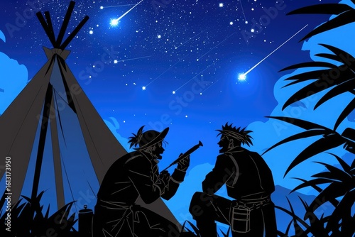 Night sky with shooting stars, two Native Americans playing with rifles in front of tent, anime style 2D vector illustration