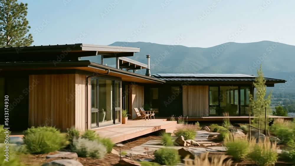 Serene modern home nestled in mountain landscape with sustainable design elements and lush landscaping Serene modern home nestled in mountain landscape with sustainable design elements and lush landscaping