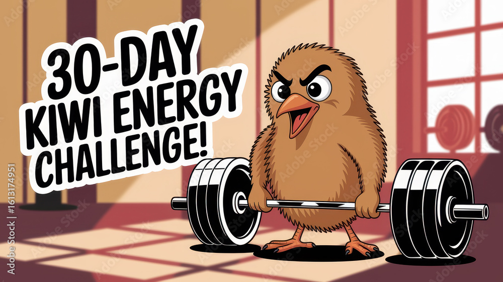 Naklejka premium 30-day kiwi energy challenge: cartoon kiwi lifting weights in a gym setting