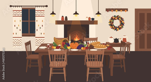 Vector Illustration of Thanksgiving Dinner with Holiday Feast and Cozy Fireplace in Rustic Style