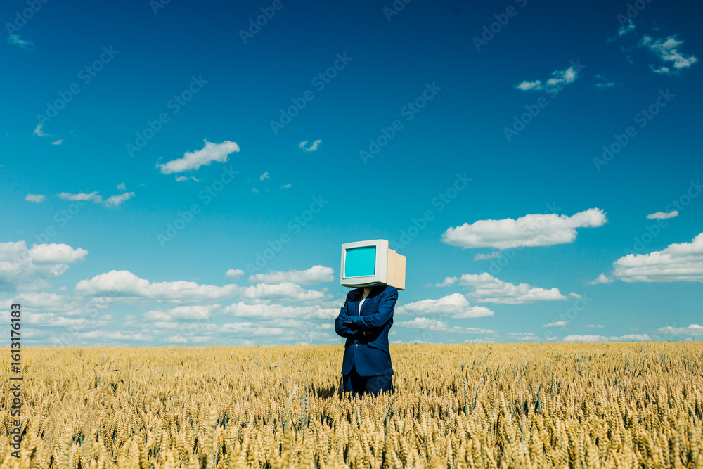 © VISTA by Westend61 - Businesswoman with retro monitor head stands in wheat field under blue sky