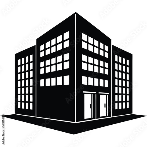 Office Bulding vector silhouette Single collection, Office Buildings Icon Square Button Set
