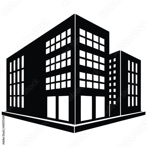 Office Bulding vector silhouette Single collection, Office Buildings Icon Square Button Set

