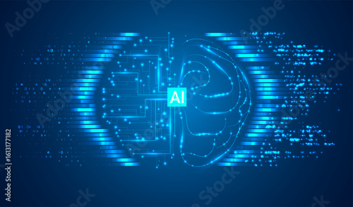 Artificial Intelligence illustration. Artificial intelligence and machine learning concept. Digital computer code. Data transfer concepts in internet.