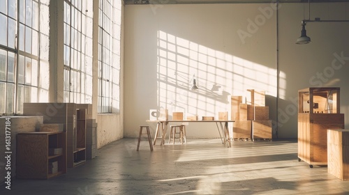 Empty industrial loft space with windows and boxes for creative office or studio interior architecture design