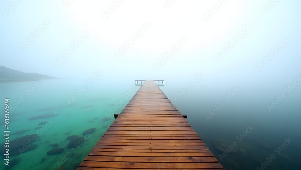 Fototapeta premium Wooden Pier Disappearing into a Misty, Turquoise Lake