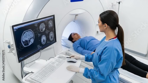 Medical Imaging Session: Radiology Technician Monitoring MRI Scan of Patient, Analyzing Brain Images on Computer Screen in Clinical Environment