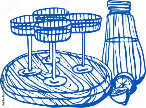 Tabletop setting with wine, cheese, and bread elements