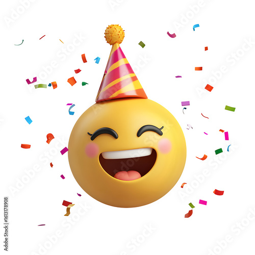 Emoji celebrates birthday. Happy emoticon wears party hat as confetti falls. Use for social media, website design, marketing.