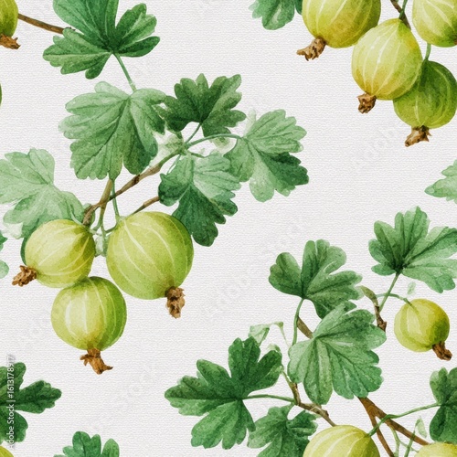 Gooseberry floral watercolor seamless pattern. Gooseberries and leaves illustrated in a vintage style on a textured background.