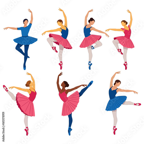 Adobe illustrator artwork vector illustration of seven ballerinas in colorful tutus performing graceful ballet poses, ideal for dance-themed designs, education, and artistic projects.