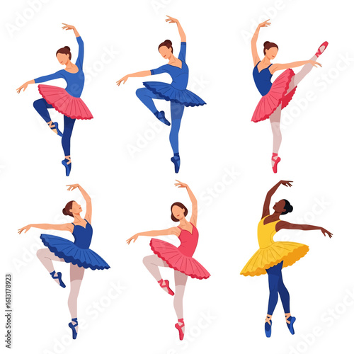 Adobe illustrator artwork vector illustration of seven ballerinas in colorful tutus performing graceful ballet poses, ideal for dance-themed designs, education, and artistic projects.