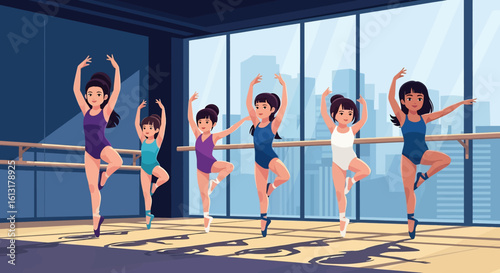 Adobe illustrator artwork vector illustration of ballet dancers practicing in a sunlit studio with city view, showcasing graceful poses, vibrant outfits, and elegant choreography.