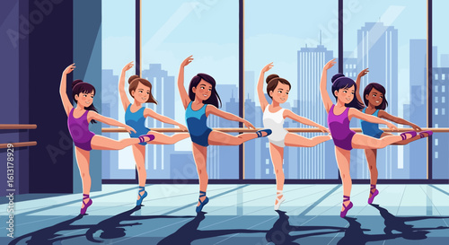 Adobe illustrator artwork vector illustration of ballet dancers practicing in a sunlit studio with city view, showcasing graceful poses, vibrant outfits, and elegant choreography.