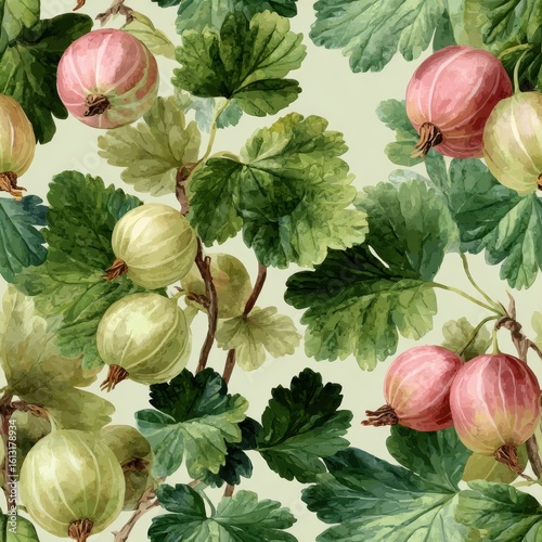 Gooseberry floral watercolor seamless pattern. Colorful illustration of gooseberries and leaves on a light background.