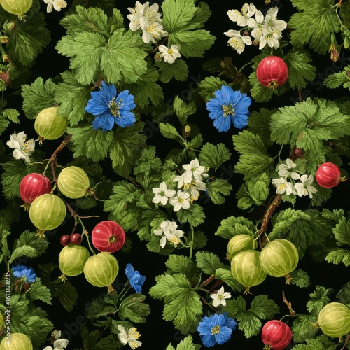 Gooseberry floral watercolor seamless pattern. Vibrant floral pattern featuring berries and leaves on a dark background.
