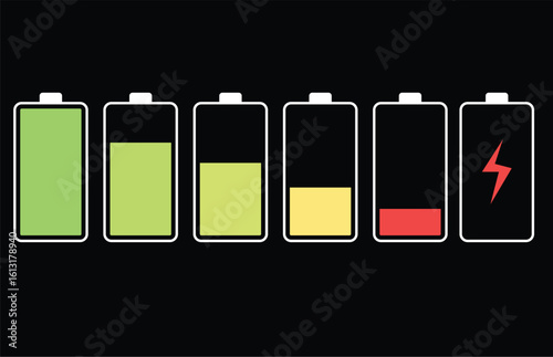 Six battery icons showing decreasing charge levels, from full green to almost empty red, with a lightning bolt icon.