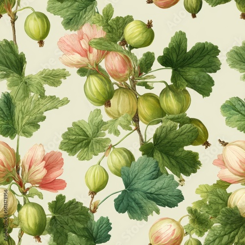 Gooseberry floral watercolor seamless pattern. Vintage illustration of green gooseberries and leaves on a light background.