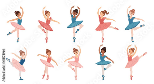 Adobe illustrator artwork vector illustration of diverse ballerinas in colorful tutus performing graceful poses, ideal for dance education, cultural themes, and creative design projects.