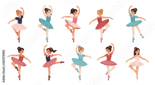 Adobe illustrator artwork vector illustration of diverse ballerinas in colorful tutus performing graceful poses, ideal for dance education, cultural themes, and creative design projects.