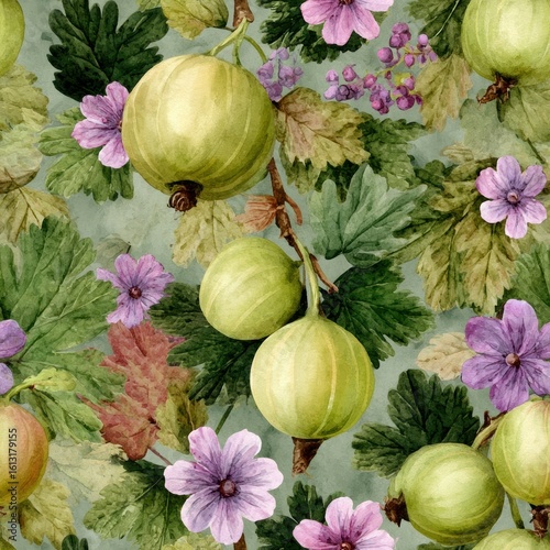 Gooseberry floral watercolor seamless pattern. Vibrant botanical illustration featuring green fruit and colorful flowers on a textured background.