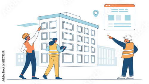 Team of engineers inspects building with web interface and location pin for construction project