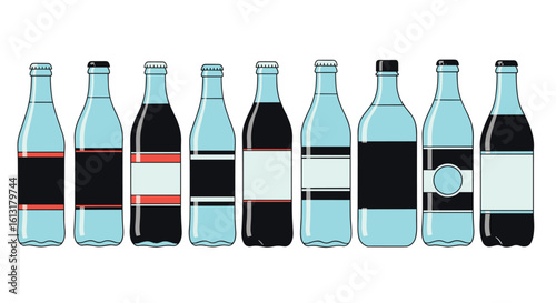 Variety Of Glass Bottles Filled With Refreshing Beverages Displayed In A Row