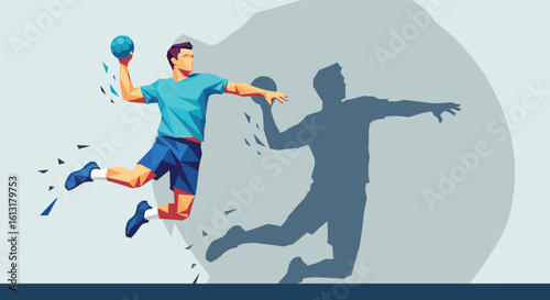 Young Athlete Lunging Forward to Throw Handball in Competitive Sports Event