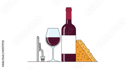 A Romantic Evening With A Bottle Of Red Wine A Glass Of Wine A Cheese Wedge And A Corkscrew
