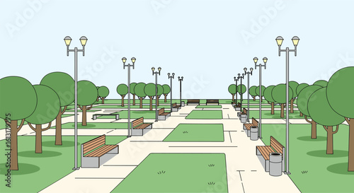 A beautifully designed public park with many benches and trees along paved walkways under a light blue sky