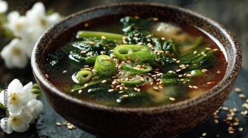 Authentic japanese miso soup with fresh green vegetables and sesame seeds