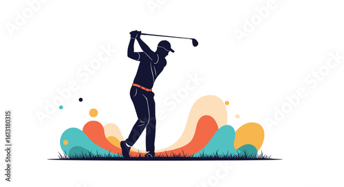 Golfer Swinging Club During a Vibrant Sports Event with Stylized Background Elements