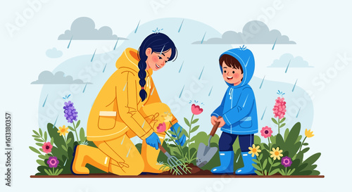 Adobe illustrator artwork vector illustration of a parent and child gardening in the rain, wearing bright raincoats, surrounded by blooming flowers, nurturing plants, and joyful outdoor bonding.