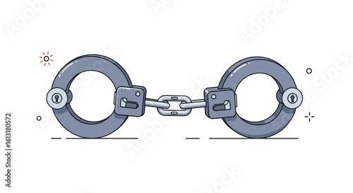 Metal Handcuffs Connected by a Short Chain Resting on a White Background with Sparkles