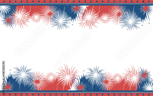 Festive red white blue fireworks border with stars vector
