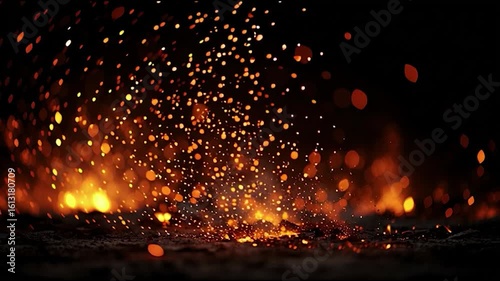 Dynamic burst of golden sparks rising against a dramatic dark backdrop, creating an energetic, fiery atmosphere perfect for powerful visuals
