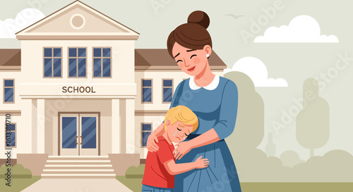Adobe illustrator artwork vector illustration of a mother comforting her sad child outside a school building, showing emotional support, parenting care, and back-to-school moments.