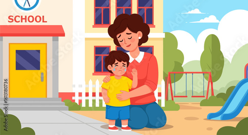 Adobe illustrator artwork vector illustration of a mother comforting her sad child outside a school building, showing emotional support, parenting care, and back-to-school moments.