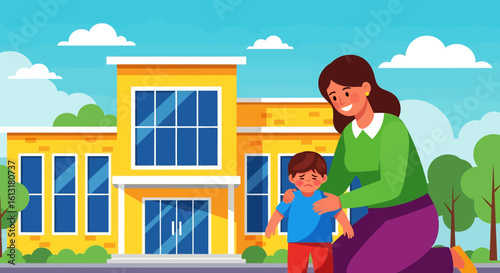 Adobe illustrator artwork vector illustration of a mother comforting her sad child outside a school building, showing emotional support, parenting care, and back-to-school moments.