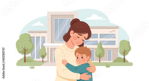 Adobe illustrator artwork vector illustration of a mother comforting her sad child outside a school building, showing emotional support, parenting care, and back-to-school moments.